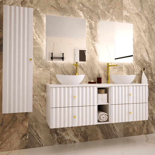 Conjunto móvel lavatório duplo 140cm 2 nichos e coluna Izae Branco
