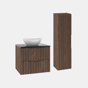 Móvel de lavatório individual 60cm com coluna Siena madeira e preto