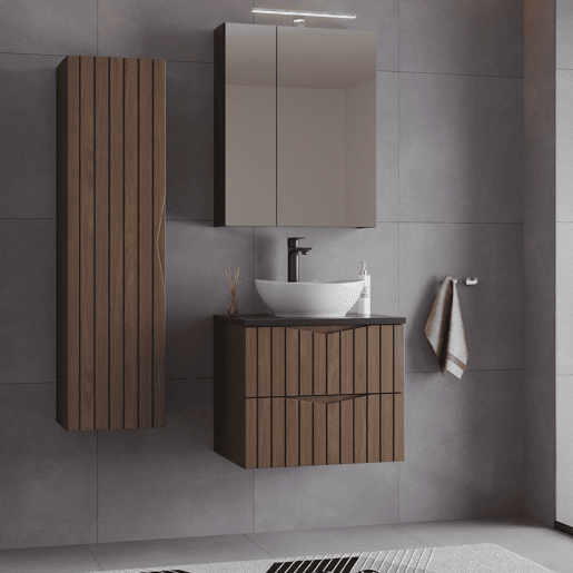 Móvel de lavatório individual 60cm com coluna Siena madeira e preto