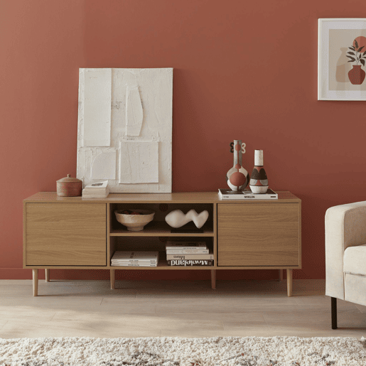 Móvel de TV com efeito madeira e 2 portas, 160cm, Mika, Natural, 160x40x56 cm