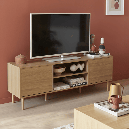 Móvel de TV com efeito madeira e 2 portas, 160cm, Mika, Natural, 160x40x56 cm
