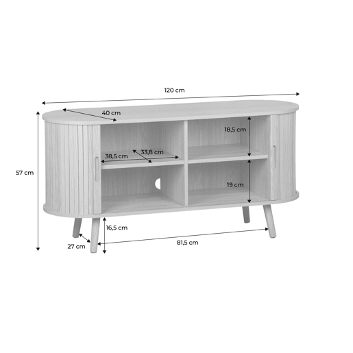 Suporte de TV escandinavo com portas ranhuradas, 120cm, Legacy, Natural, 120x40x57 cm