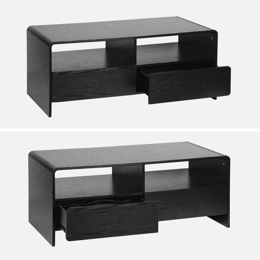 Móvel de TV efeito madeira arredondado com 2 gavetas e 2 prateleiras, Milo, Preto, 110x55x45 cm
