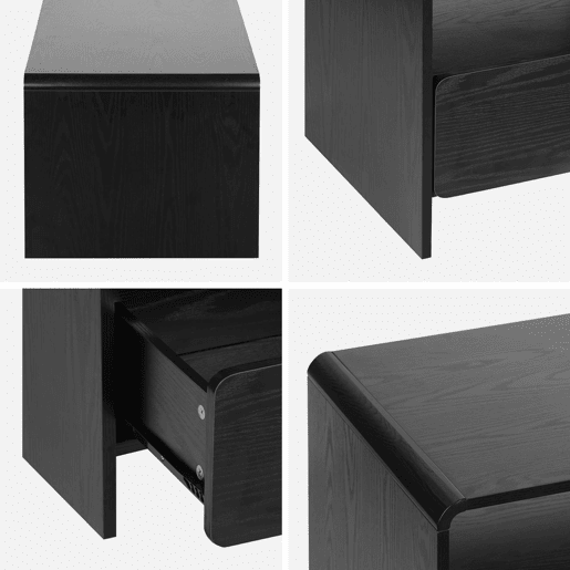 Móvel de TV efeito madeira arredondado com 2 gavetas e 2 prateleiras, Milo, Preto, 110x55x45 cm
