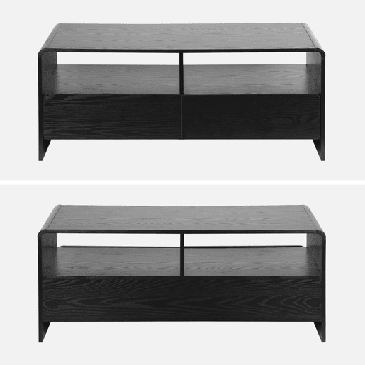 Móvel de TV efeito madeira arredondado com 2 gavetas e 2 prateleiras, Milo, Preto, 110x55x45 cm