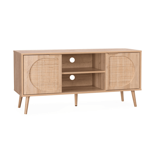 Móvel de TV com efeito madeira e cana arredondada, 120cm, Eva, Natural, 120x39x56.5 cm