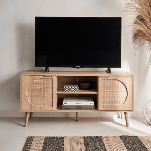 Móvel de TV com efeito madeira e cana arredondada, 120cm, Eva, Natural, 120x39x56.5 cm