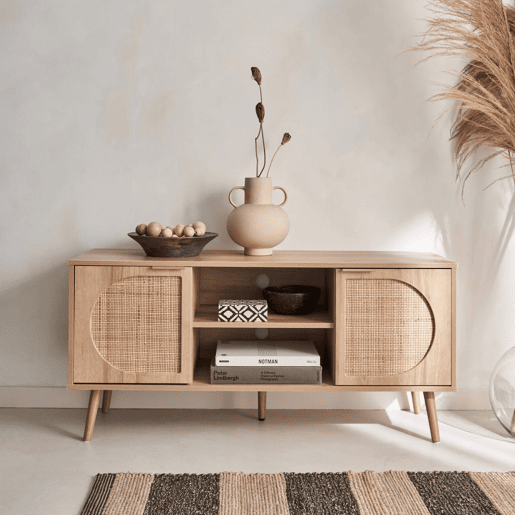 Móvel de TV com efeito madeira e cana arredondada, 120cm, Eva, Natural, 120x39x56.5 cm