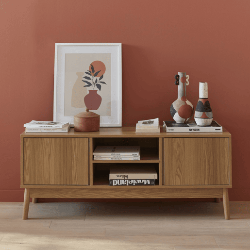 Móvel de TV com efeito madeira de 2 portas, 120cm, Dune, Natural, 120x39x48 cm