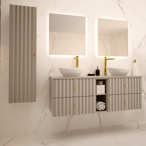 Conjunto móvel duplo lavatório 140cm 2 nichos e coluna Izae Caxemira