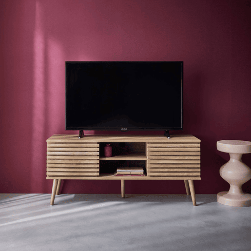 Móvel de TV escandinavo efeito madeira de 2 portas, Madere, Natural, 120x39x51.5 cm