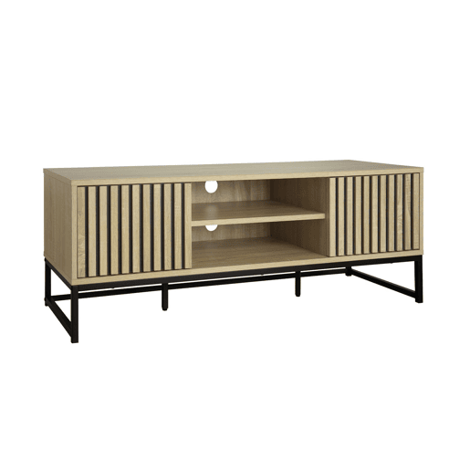 Móvel de TV em madeira ranhurada e metal preto, 2 portas, Lisbonne, Natural, 120x40x42 cm