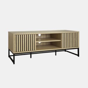 Móvel de TV em madeira ranhurada e metal preto, 2 portas, Lisbonne, Natural, 120x40x42 cm