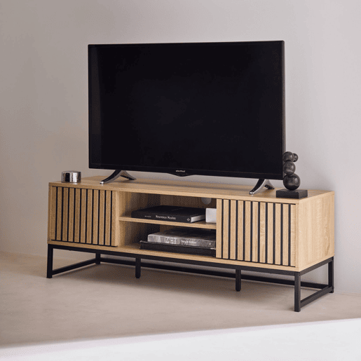 Móvel de TV em madeira ranhurada e metal preto, 2 portas, Lisbonne, Natural, 120x40x42 cm