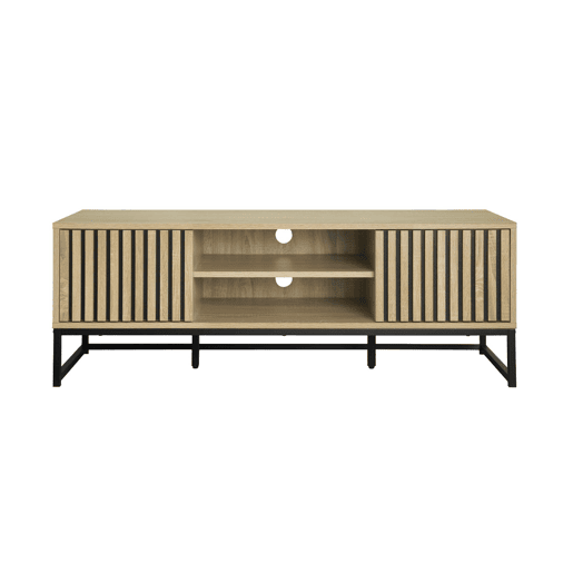 Móvel de TV em madeira ranhurada e metal preto, 2 portas, Lisbonne, Natural, 120x40x42 cm