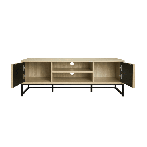 Móvel de TV em madeira ranhurada e metal preto, 2 portas, Lisbonne, Natural, 120x40x42 cm