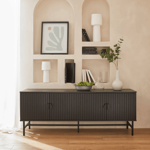 Móvel de TV com efeito de madeira ranhurada, 160cm, Bazalt, Preto, 157.5x39x60 cm