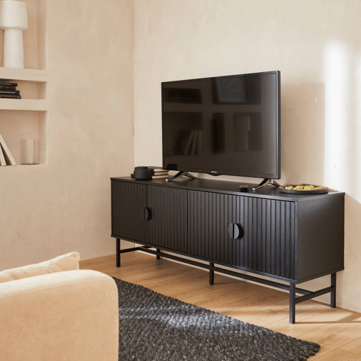 Móvel de TV com efeito de madeira ranhurada, 160cm, Bazalt, Preto, 157.5x39x60 cm