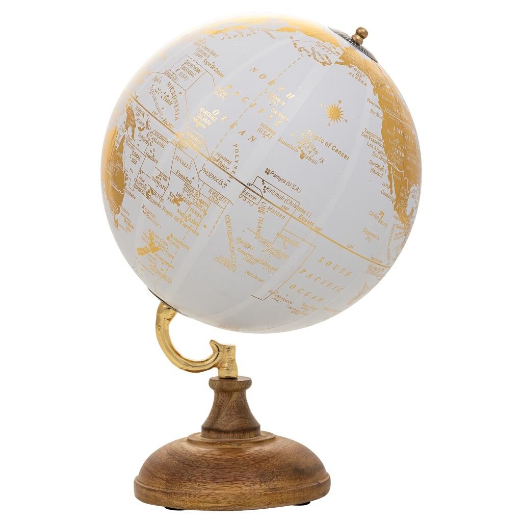 Globo terráqueo de plástico con base de madera