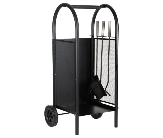 Leñero de metal con herramientas de chimenea negro 35x32x81