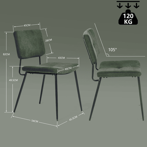 Conjunto de 2 cadeiras de jantar retro com encosto em tecido, assento estofado, pernas em metal para cozinha, sala de estar, quarto, escritório, verde