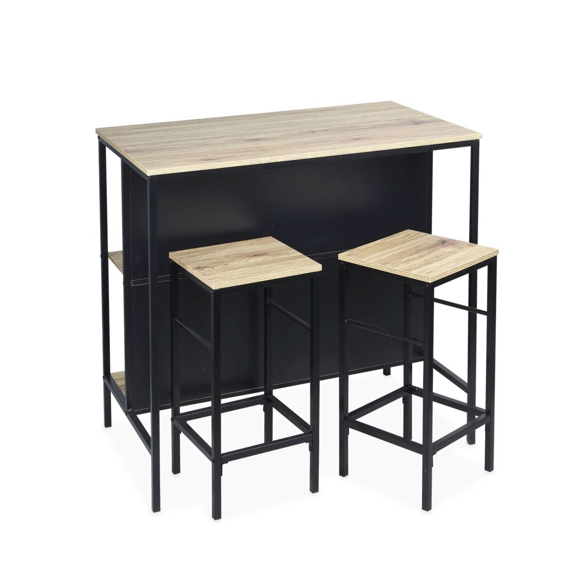 Mesa alta de madera y metal, 2 estantes, 2 taburetes