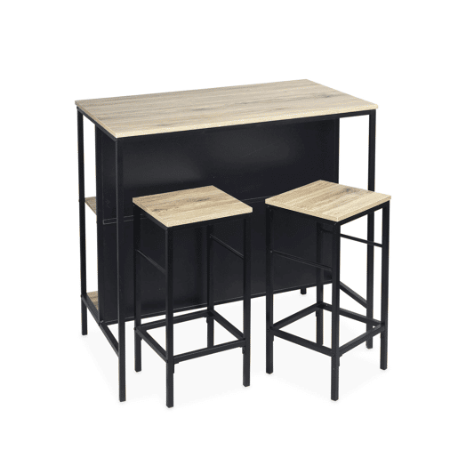 Mesa alta de madeira e metal, 2 prateleiras, 2 bancos, Loft, Natural, 100x60x95 cm