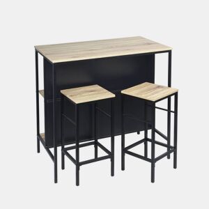 Mesa alta de madeira e metal, 2 prateleiras, 2 bancos, Loft, Natural, 100x60x95 cm
