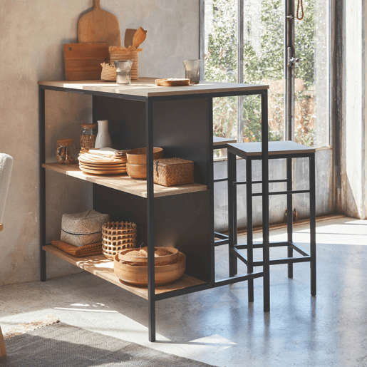 Mesa alta de madeira e metal, 2 prateleiras, 2 bancos, Loft, Natural, 100x60x95 cm