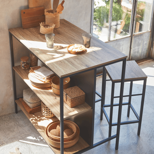 Mesa alta de madeira e metal, 2 prateleiras, 2 bancos, Loft, Natural, 100x60x95 cm