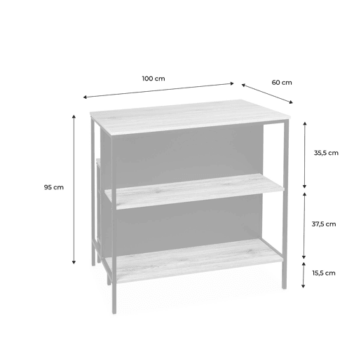 Mesa alta de madeira e metal, 2 prateleiras, 2 bancos, Loft, Natural, 100x60x95 cm
