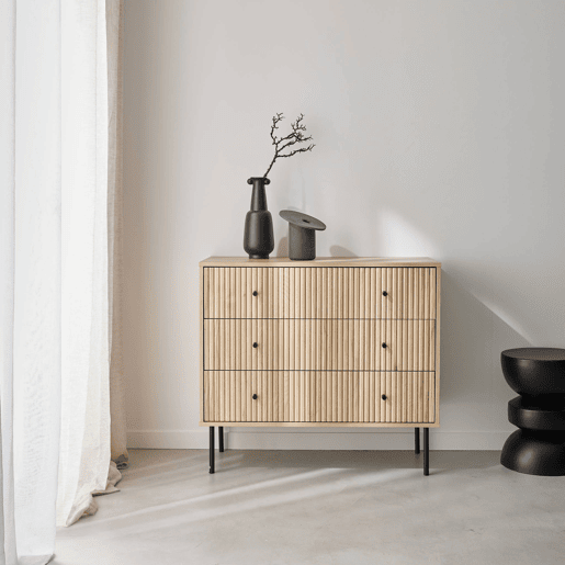 Cómoda com efeito de madeira estriada de 3 gavetas, Braga, Natural, 39x90x80.5 cm