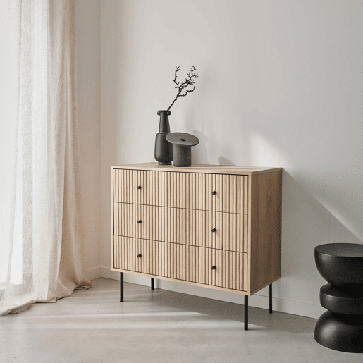 Cómoda com efeito de madeira estriada de 3 gavetas, Braga, Natural, 39x90x80.5 cm