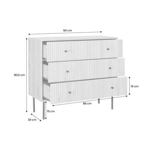 Cómoda com efeito de madeira estriada de 3 gavetas, Braga, Natural, 39x90x80.5 cm