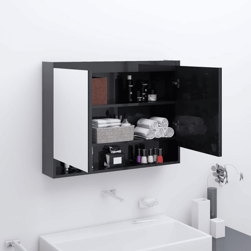 vidaXL Armário espelhado p casa banho 80x15x60 cm MDF preto brilhante vidaXL Armário espelhado p casa banho 80x15x60 cm MDF preto brilhante