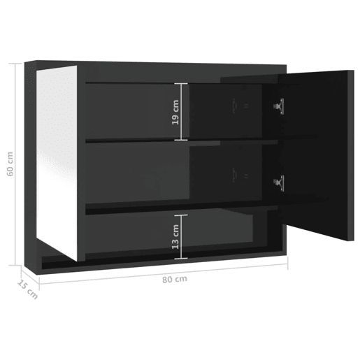 vidaXL Armário espelhado p casa banho 80x15x60 cm MDF preto brilhante vidaXL Armário espelhado p casa banho 80x15x60 cm MDF preto brilhante