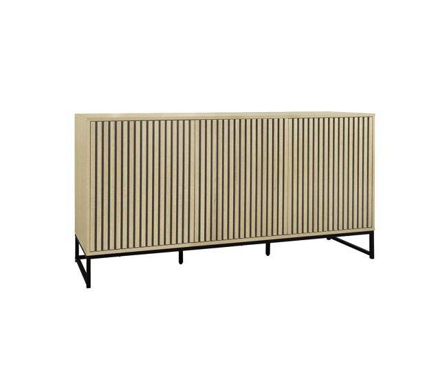 Aparador contemporáneo acanalado efecto madera 3 puertas, 160cm natural - 160x40x77 cm