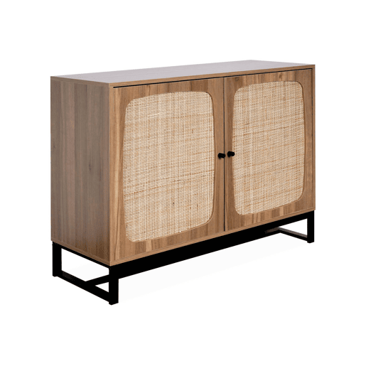 Aparador com efeito cana e madeira de 2 portas, 100cm, Retro, Natural, 100x40x80 cm