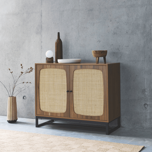 Aparador com efeito cana e madeira de 2 portas, 100cm, Retro, Natural, 100x40x80 cm
