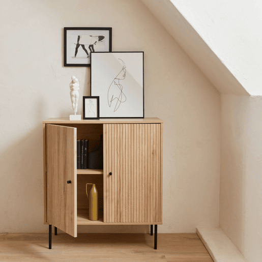 Aparador com efeito de madeira de 2 portas, 83.5cm, Braga, Natural, 83.5x39x92.5 cm