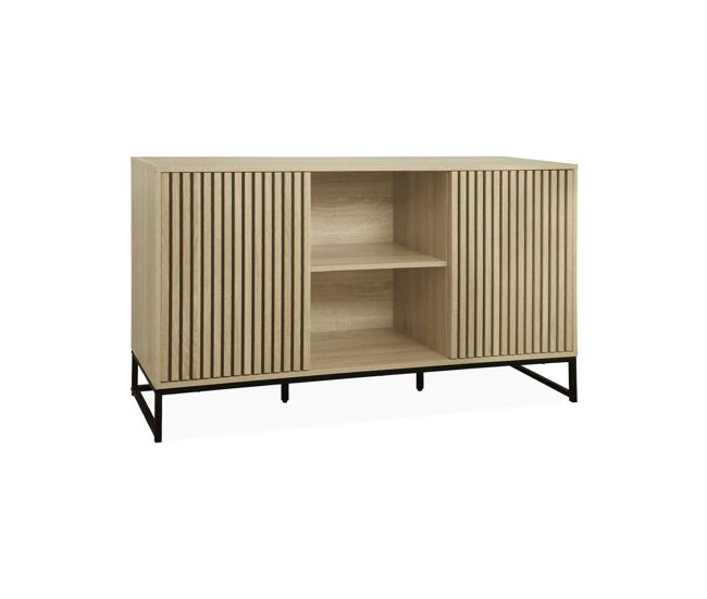 Aparador contemporáneo acanalado efecto madera de 2 puertas, 140cm natural - 140x40x77 cm