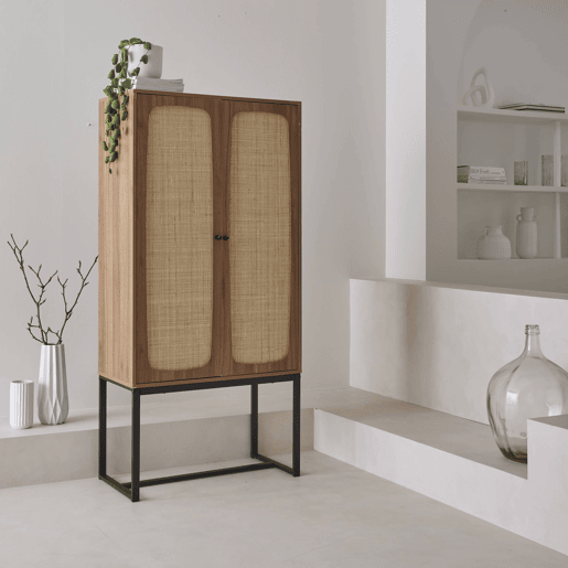 Aparador efeito cana e madeira de 2 portas, 165cm, Retro, Natural, 80x40x165 cm