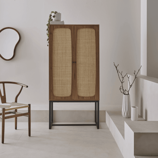 Aparador efeito cana e madeira de 2 portas, 165cm, Retro, Natural, 80x40x165 cm