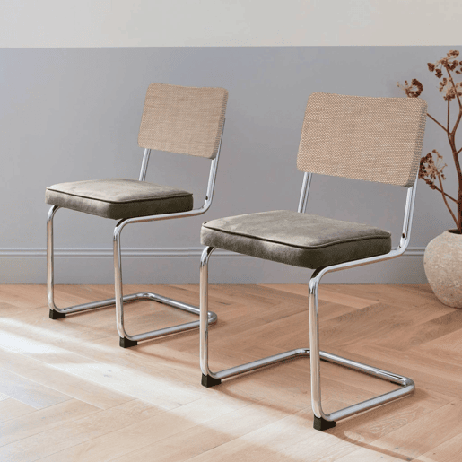 Cadeira cantilever em tecido e efeito rattan, set de 2, Maja, Taupe, 46x54.5x84.5 cm