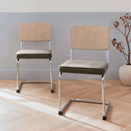 Cadeira cantilever em tecido e efeito rattan, set de 2, Maja, Taupe, 46x54.5x84.5 cm