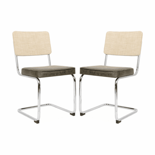 Cadeira cantilever em tecido e efeito rattan, set de 2, Maja, Taupe, 46x54.5x84.5 cm
