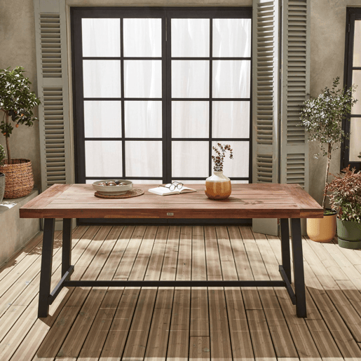 Mesa de madeira e metal para interiorexterior, 6-8 lugares, Fortaleza 190cm, Madeira escura, 190x91.5x76 cm
