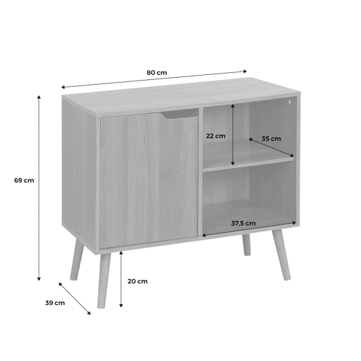 Aparador de arrumação com efeito de nogueira 1 porta, 2 prateleiras, 80cm, Nepal, Madeira de nogueira, 80x39x69 cm