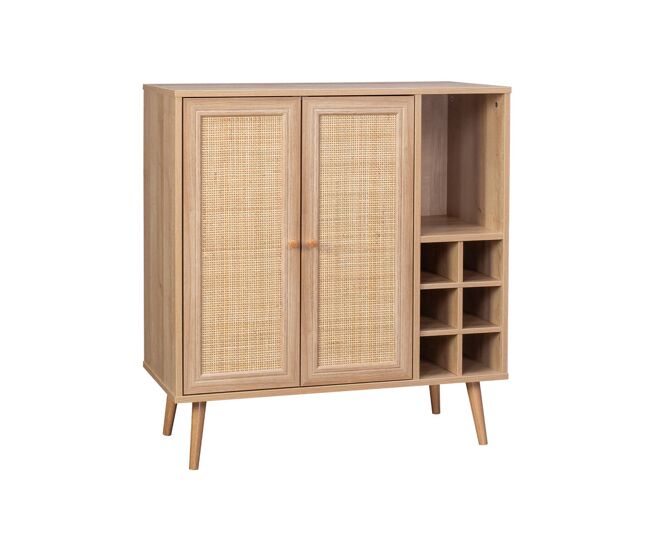 Aparador con portabotellas de mimbre y efecto madera, 83cm, boheme, natural, 83x39x88.5 cm