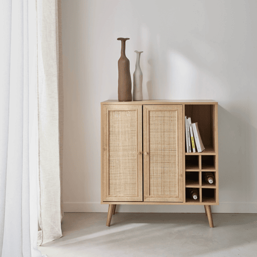 Aparador com suporte para garrafas, decoração em vime e madeira, 83cm, Boheme, Natural, 83x39x88.5 cm